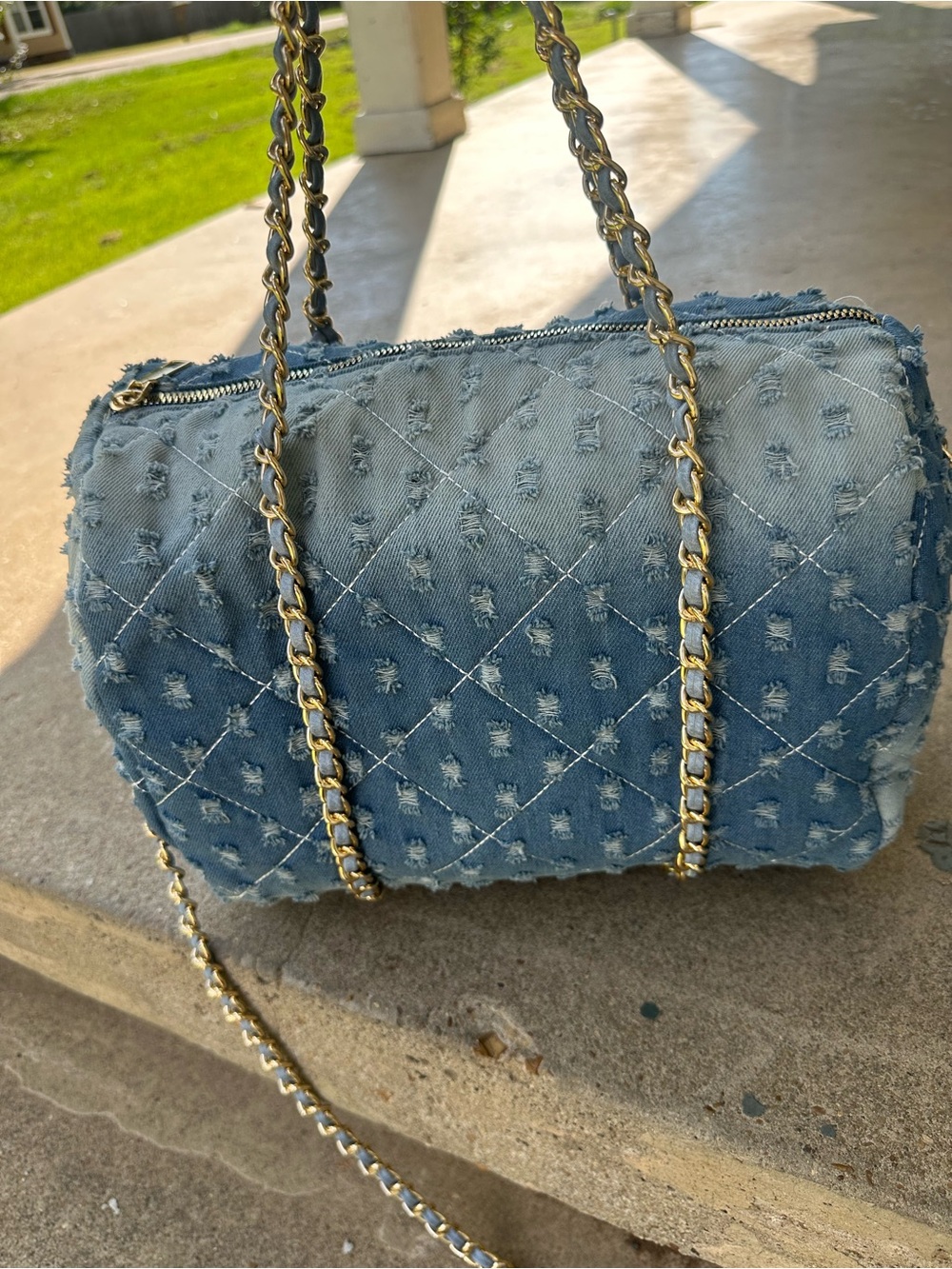 Ashley Stewart Distressed Quilted Denim Crossbody with Gold Chain